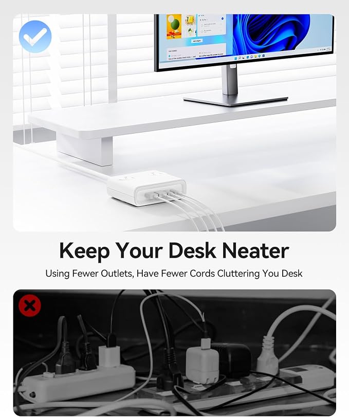 ORICO Power Brick, 25W GaN Power Strip, 8-in-1 Desktop Charging Station with 4 AC Outlets, 2 USB-C, 2 USB-A Ports, 5ft Extension Cord, Ultra Thin Flat Plug for Travel Office ETL Listed-PDC (1 PC)