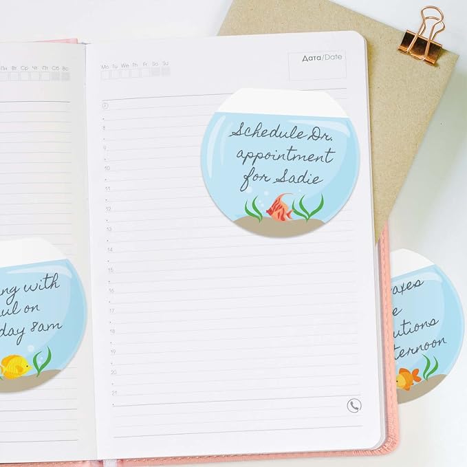 Cute Fishbowl Sticky Note Pad Assortment/Set of 3 Round Flat Top Tropical Fish Note Pads / 3.5" Colorful Sticky Notes / 50 Sheets Per Pad/Made in USA