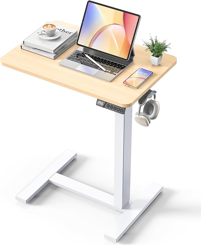 24"x 16" Electric Overbed Table, Rolling Laptop Desk for Bed, Oak | Height Adjustable Bedside Desk with Hidden Wheels, Mobile Standing Desk for Sofa, Home Office & Hospital Use