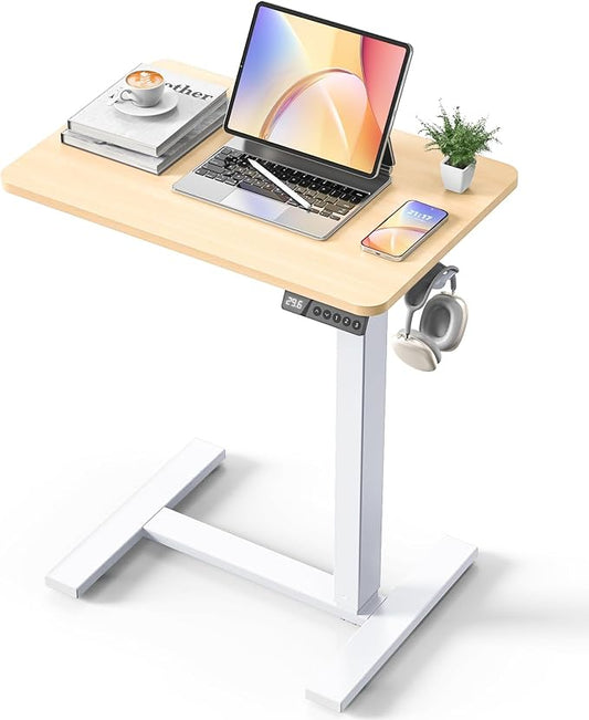 24"x 16" Electric Overbed Table, Rolling Laptop Desk for Bed, Oak | Height Adjustable Bedside Desk with Hidden Wheels, Mobile Standing Desk for Sofa, Home Office & Hospital Use