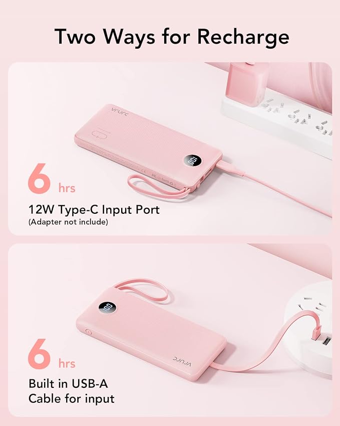 VRURC Portable Charger Power Bank, Built-in 4 Cables & 2 Ports,10000mAh Slim Battery Pack with LED Display, Travel Essential USB C Portable Phone Charger for All Cell Phones Devices-Pink(1 Pack)