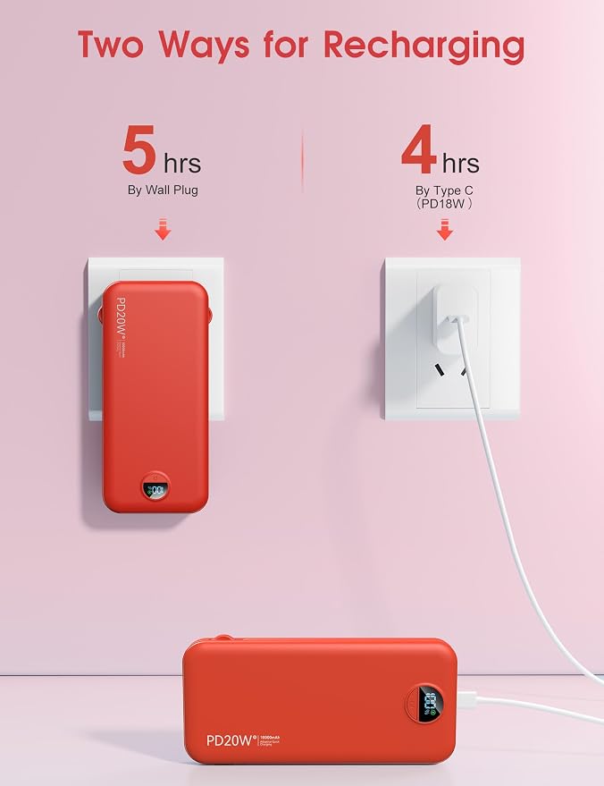 citicr Portable Charger 10000mAh PD20W w/Built-in Cables & Wall Plug Red | Fast charging, Built-in wall plug, LED display, Charge 5 devices at once, Pass through charging, TSA approved, Pocket size