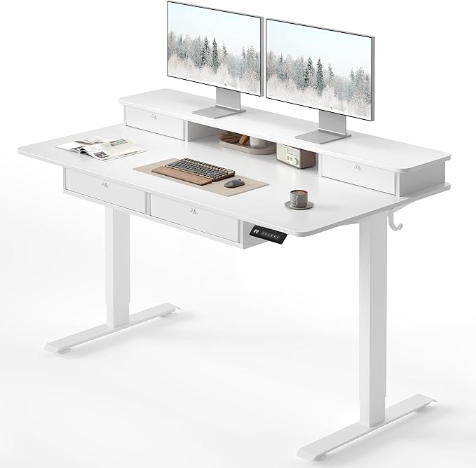 CubiCubi 48" x 24" Standing Desk with Drawers, Electric Height Adjustable Workstation, Computer Sit Stand Up Office Table with Large Storage Shelf, 4 Drawers and 2 Hooks, Warm White