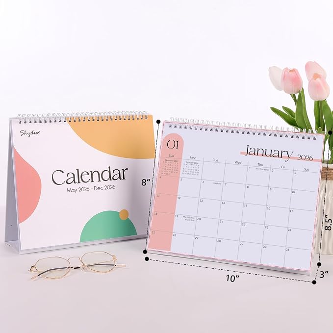 SKYDUE Desk Calendar 2026-2027, Apr. 2026 to Dec. 2027, 21 Months Small Desk Calendar with Planner Stickers, 10" x 8" Desktop Calendar Planner, Minimalist