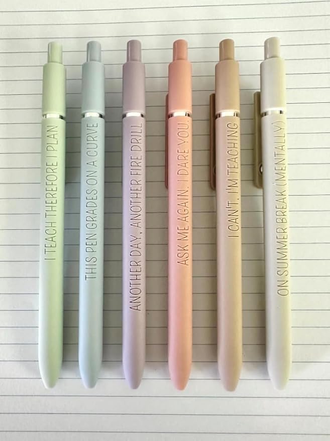 6 Pen Set｜Teacher Life Essentials Engraved Soft Touch Pens｜Funny Gift for Teacher Appreciation｜Back to School Supplies (Silver Pastel)