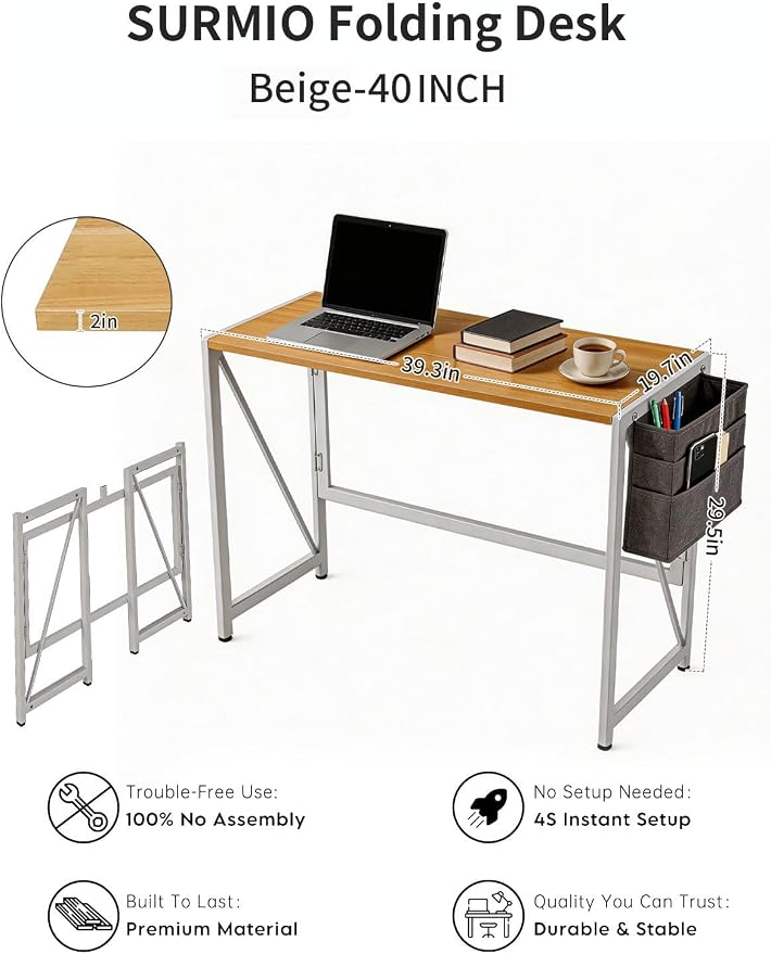 Modern Foldable Desk Writing Computer Desk, Beige, 39.4 inch