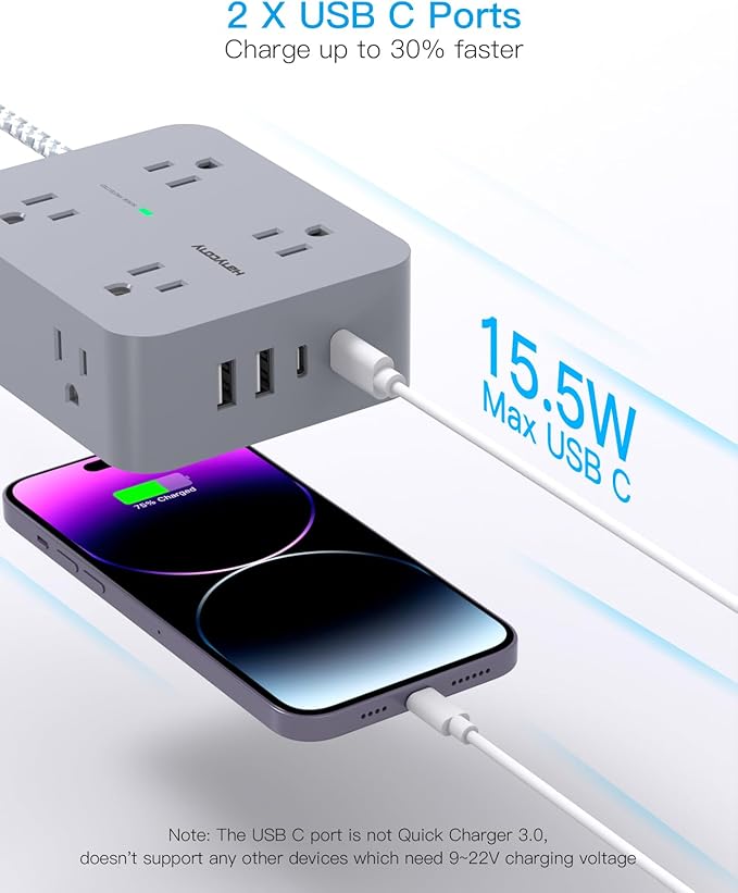 Power Strip with USB C Ports(2 USB C), HANYCONY 8 Outlets Surge Protector with 5 Ft Extension Cord, Flat Plug Wall Mount, Desk Charging Station for Home Office, ETL Listed Gray