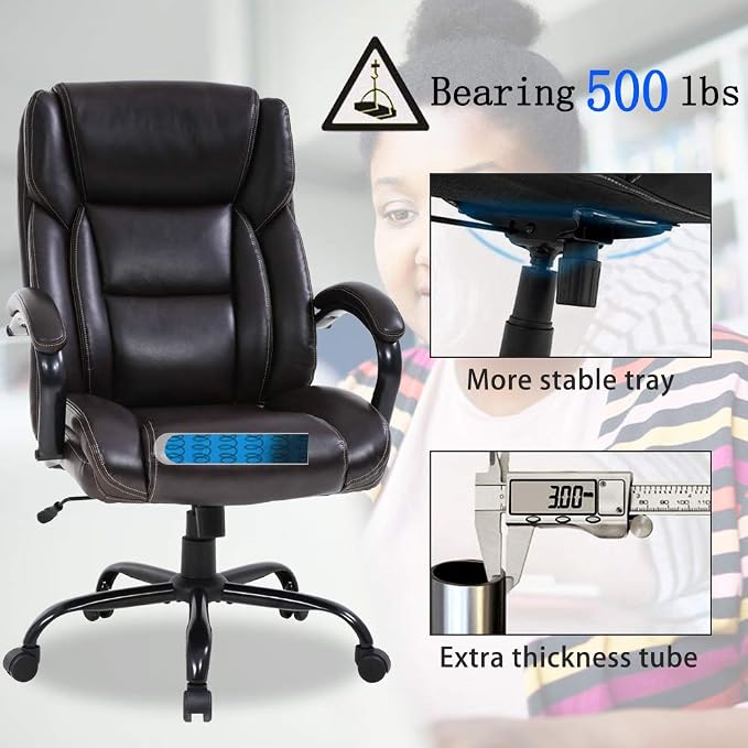 Big & Tall Executive Office Chair Heavy Duty 500LBS Computer Desk Chair Ergonomic High Back Task Rolling Swivel Chair with Lumbar Support Armrest PU Leather Classic Executive Chair for Adult, Brown
