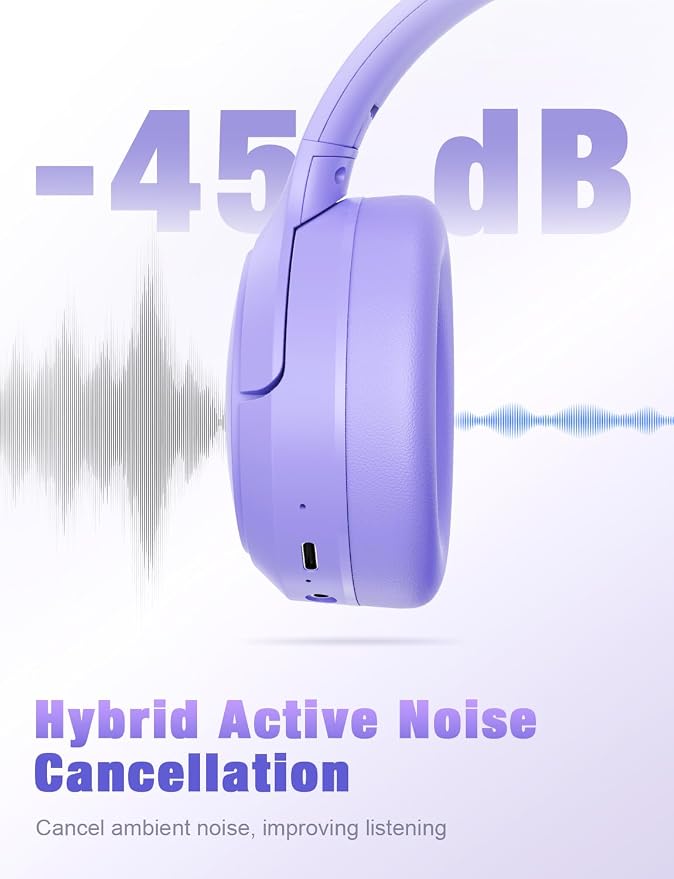 RUNOLIM Hybrid Active Noise Cancelling Headphones, Wireless Over Ear Bluetooth Headphones with Microphone, 100H Playtime, Foldable Headphone with HiFi Audio, Deep Bass for Home Travel Office（Purple）