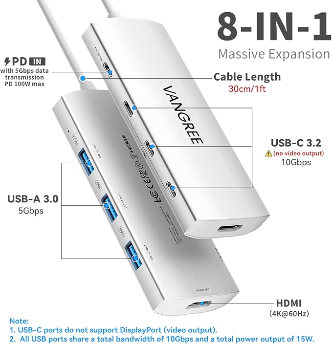 USB C Hub 8 in 1 Multiport Adapter, 3 USB 3.2 Gen 2 Ports with 10Gbps, 3 USB-A 3.0 5Gbps, 4K@60Hz HDMI, 100W PD, USBC Splitter for MacBook Pro, iPad Pro, Mac mini and More(Not Support USB-C Monitor)