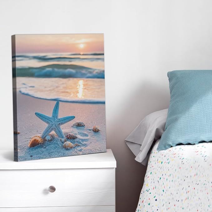 Coastal Wall Art Decor Canvas, Sunset Starfish Beach Print, Blue Beach Bathroom Wall Art for Home Bedroom Living Room Wood Framed 8x10 Inch