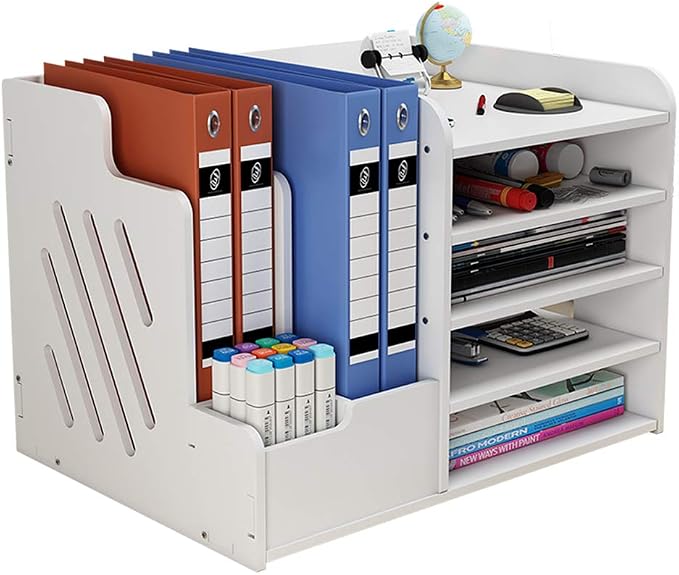 White Desktop Organizer, Multipurpose Desk Document File Tray Organizer Storage Display Shelf Rack for Home Office School(PB07-3)