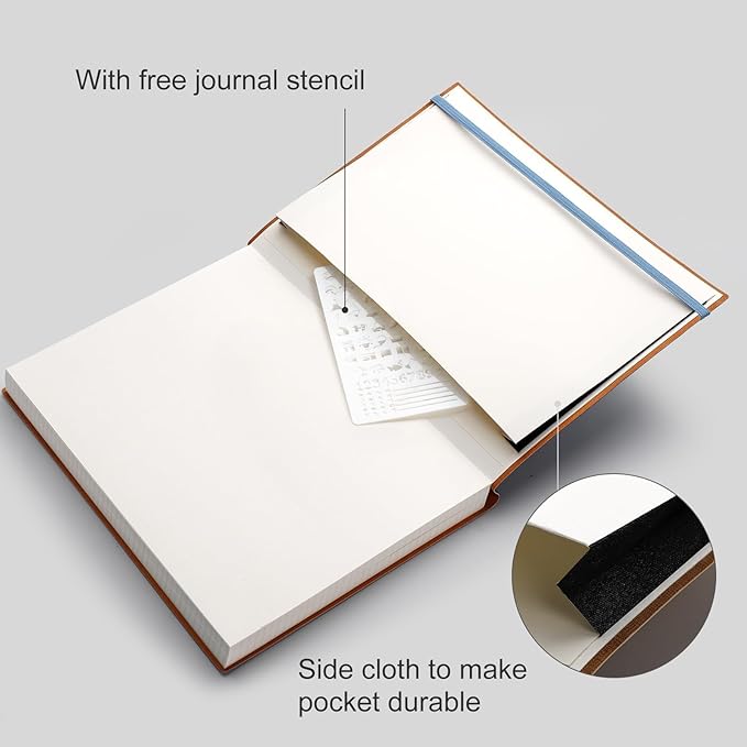 AHGXG Dotted Journal - Large A4 Notebook Dotted, 8.5''×11'', 320 Pages Dot Grid Notebook, 100gsm Thick Paper, Leather Softcover, with Journal Stencils, Inner Pocket, Gray Blue