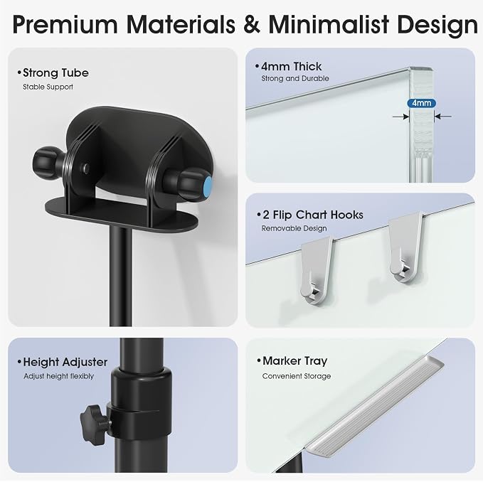 MaxGear Glass Mobile Whiteboard– 40'' x 28'' Magnetic Dry Erase Board Stand | Whiteboard with Stand & Wheels, Portable Dry Erase Easel for Office, Classroom & Home, Includes 4 Markers, 6 Magnets & Eraser