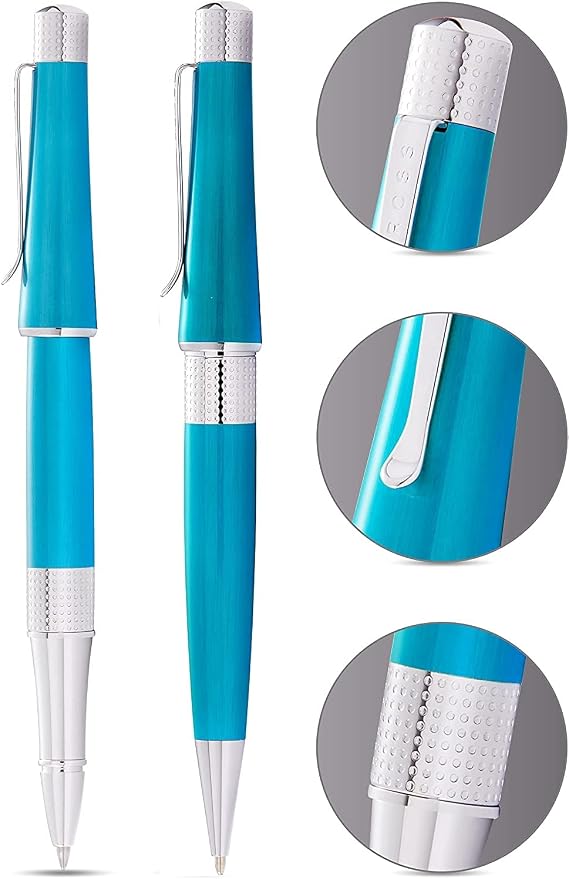 AT CROSS Cross Collection Beverly Pearlescent Teal Lacquer with signature pronounced center Band Selectip Rollerball Pen and Ballpoint Set.A great wedding, birthday, graduation & Christmas gift