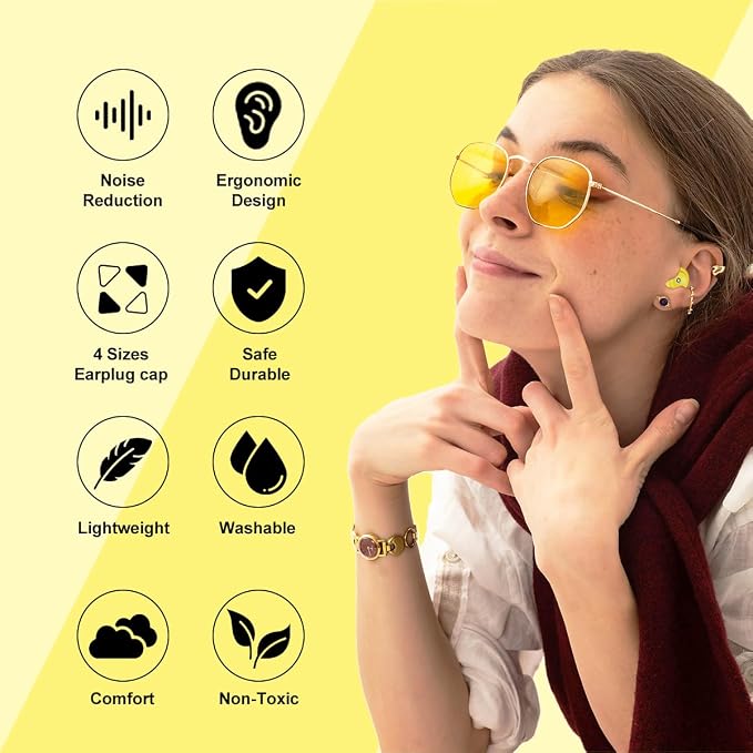 Ear Plugs for Sleeping Ultra-Comfy Silicone Earplugs for Concerts Noise Cancelling Reusable Noise Reduction Earbuds for Travel Focus Work 33-45dB Hearing Protection with 9 Tips & Case (Yellow)