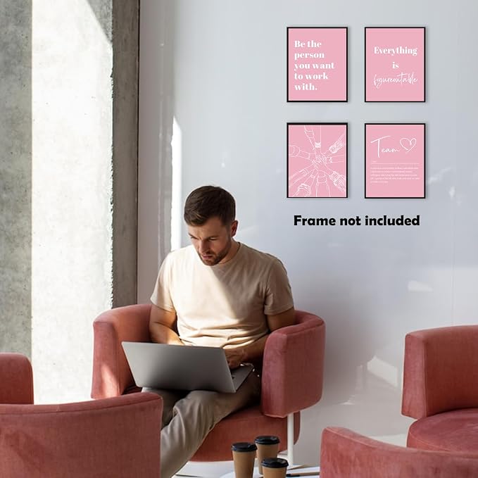 XWELLDAN Be The Person You Want to Work With Team Work Wall Art Decor, Inspirational Motivational Wall Decor for Office, Office Artwork Wall Decor, 8x10 Unframed Set of 4(light pink)