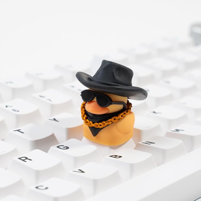 1U Handmade Resin Cowboy Duck Keycap - Cute Duck with Sunglasses Cowboy Hat Scarf, Compatible with MX Switch Mechanical Keyboards
