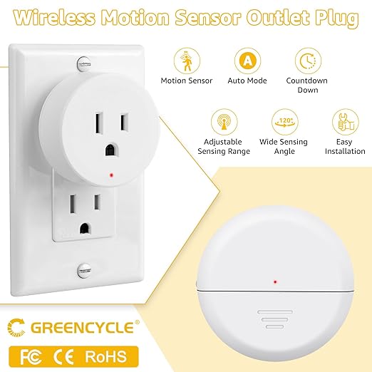 Motion Sensor Plug,Greencycle Wireless Motion Sensor Outlet with Timer Setting,PIR Sensor Plug to Auto Turn On/Off,Adjustable Detection Range,15A/1500W for Christmas Lights,Fans（1 Sensors 3 Plugs）