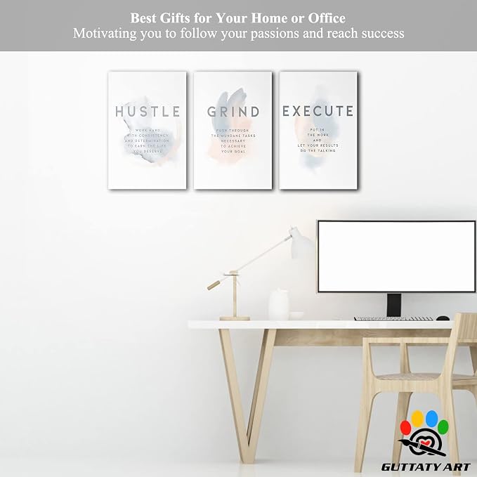 Office Wall Art - 3 Panel Motivational Wall Art, Inspirational Quotes Canvas Art for Home Office Wall Decor, Positive Quotes Wall Decor, Entrepreneur Grind Hustle Execution Poster Frame (12”x24”x3Pcs)