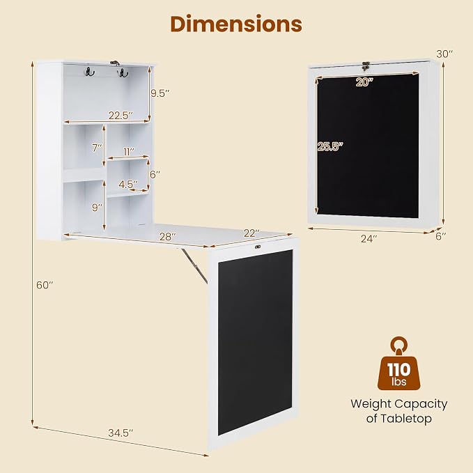 Giantex Foldable Wall Mounted Desk, Convertible Writing Desk with Storage Shelves, Hooks & Chalkboard, Space-Saving Fold-Up Table, Corner Floating Laptop Table for Small Spaces, Home Office, White