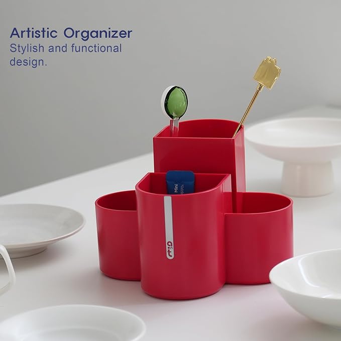 Aesthetic Desk Organizer [Modern Red] - Multi-Compartment Pen Holder & Remote Control Caddy, Modern Vanity Makeup Brush Organizer, Premium Stationery Storage (Made In Korea)