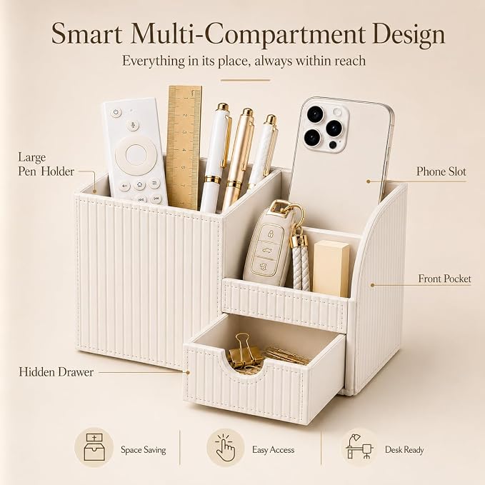 Luxury PU Leather Desk Organizer with Drawer, Modern Aesthetic Office Desk Accessories for Women, Multi-Compartment Pen Holder & Desktop Storage Organizer for Home Office, Cream White