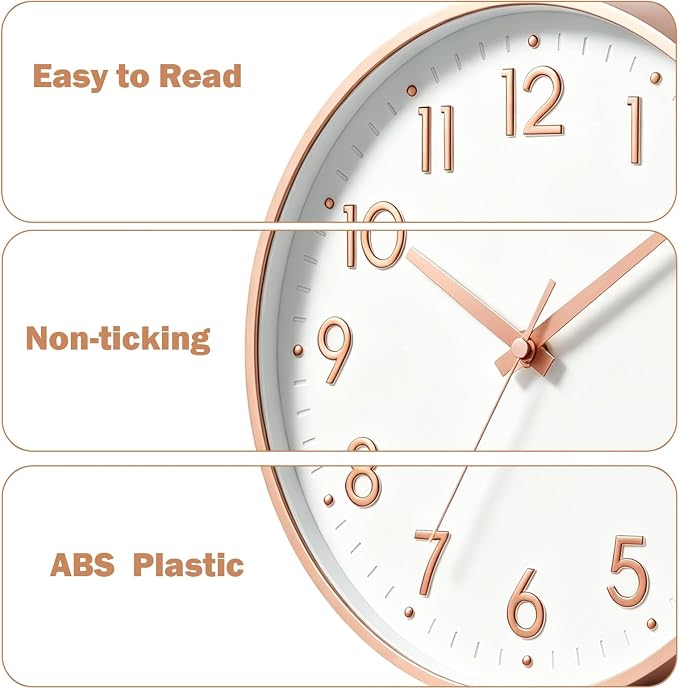 Mosewa 10 Inch Wall Clock Battery Operated Silent Non Ticking Analog | Rose Gold modern clock; oversized 3D easy-read dial for kitchen, bedroom & office; 1 AA battery (not included)