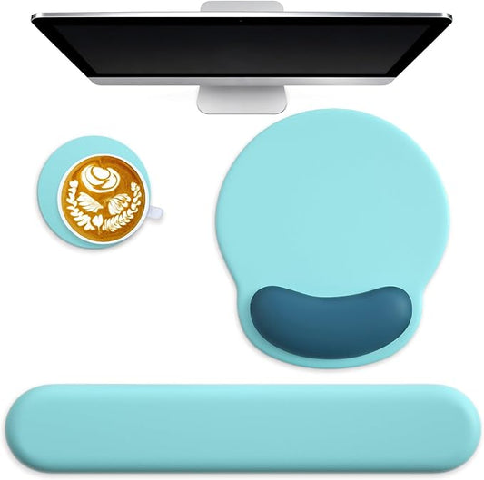 3 in 1 Ergonomic Mouse Pad and Keyboard Wrist Rest with Coaster Set-Blue | Cute Large Mousepad with Gel Wrist Support for Gaming Computer Laptop Women Office Home Desk Decor