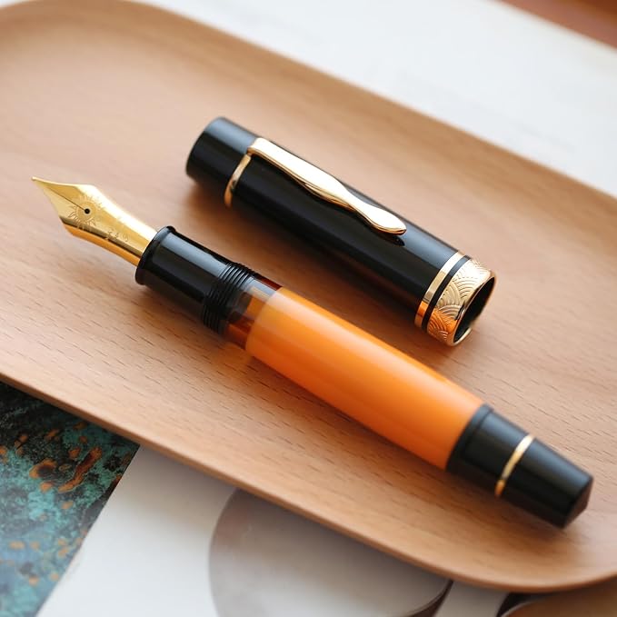 erofa Majohn P139#8 Medium Nib Fountain Pen with Box, Brass Piston System Large Capacity Writing Pen, Black Yellow