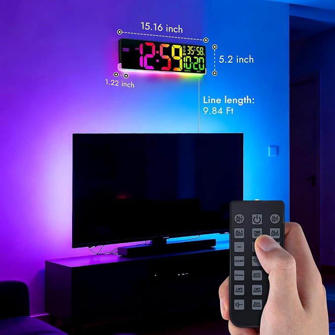 16.5" Large Digital Wall Clock for Classroom, Sync Screen RGB Backlight | 11 Screen Colors, 13 U-Shaped RGB Modes, Temp Humidity, Auto DST, Dual Alarm, Timer, Digital Clock for Gym Gaming Room