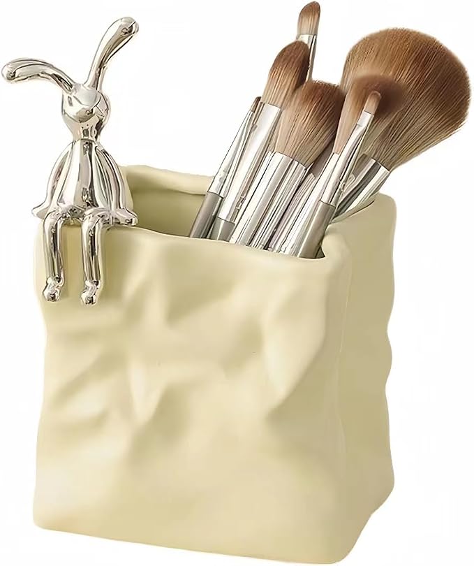 Irregular Aesthetic Pen Holder for Desk Bunny Designer Cute Office Supplies Cubicle Decor Kawaii Workspace Accessories Boho Makeup Organizer Pencil Cup Caddy for Home Office (Yellow A)