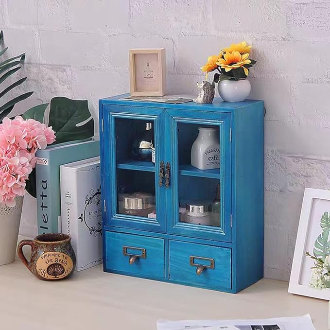 Rustic Vintage Mini Wood Counter Top Cabinet,Display Case with Organic Glass Door,Wall Storage Cabinet, that Sits on Countertop-Floating Shelf Organization12 x4.7"x14"(Blue)