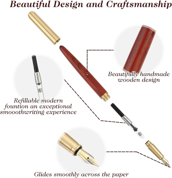 cobee Handcrafted Wooden Fountain Pens Set, Vintage Luxury Wood Fountain Pen 0.5mm Fine Point Smooth Writing Pen With 12 Ink 2.6 mm Cartridges and Gift Box for Journaling Calligraphy Supplies(A)