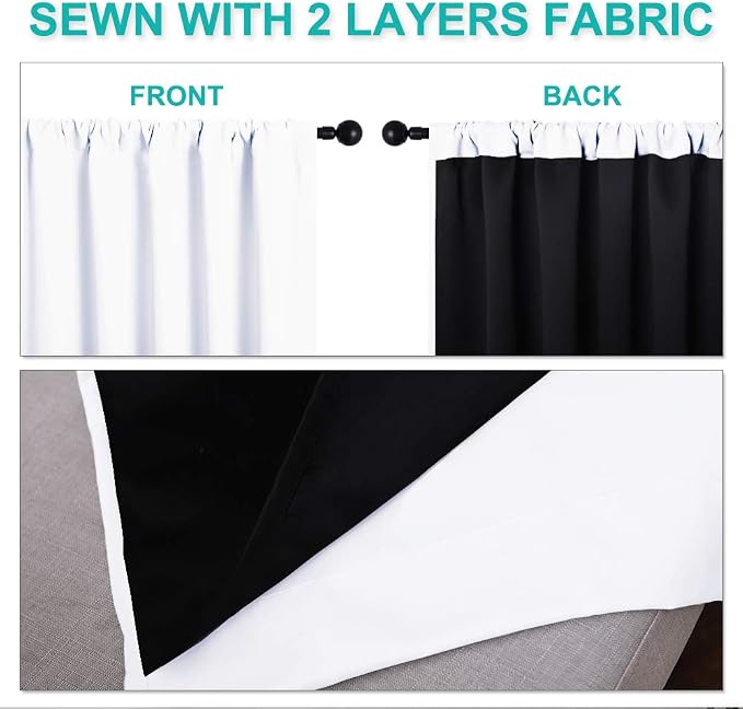 NICETOWN White 100% Blackout Short Curtains, 2 Thick Layers Completely Blackout Rod Pocket Thermal Insulated Drapes for Kitchen/Bedroom (1 Pair, 42 inches Width x 45 inches Length Each Panel)