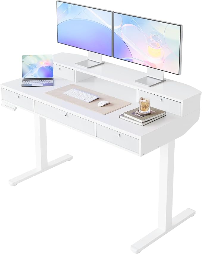 HUANUO 48 x 24 Inch Electric Standing Desk with 4 Drawers, White | 4 Drawers For Organized Storage, Raised Monitor Shelf, C-Clamp Mount Support, 4 Memory Presets, 28.3–46.5 Inch Height Range