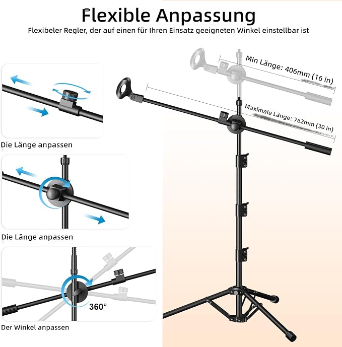 Mic Stand, 6-in-1 Microphone Stand with Floor Boom, Support Boom, Gooseneck, Mic Clips, Tablet Phone Holder, Black, Metal, Portable, Adjustable