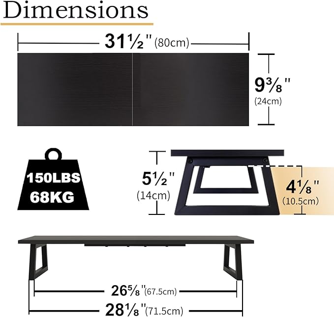 TEAMIX 31.5 inch Dual Monitor Stand Riser, TV Riser, Black Desk Organizer | For 2 Monitors/Laptop/Printer, Long Computer Stand, Wood & Steel, Holds 150 lbs, PS5/Keyboard Storage, For Home Office Gaming