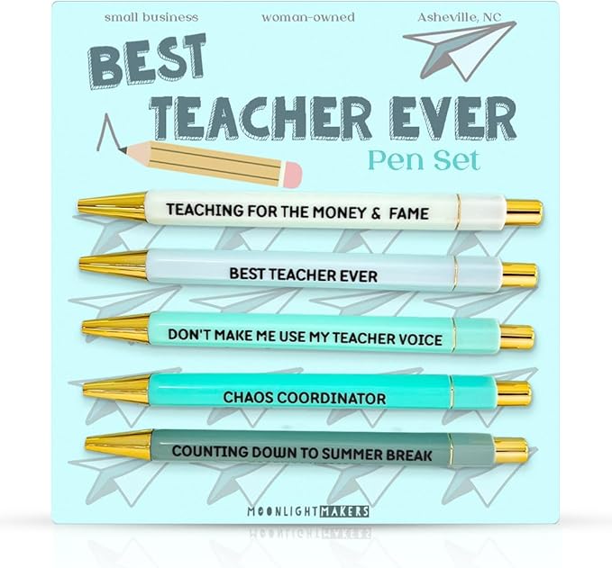 Moonlight Makers Funny Pens and Notepad Stationery Set - 5 Sarcastic Engraved Ballpoint Pens, Black Ink, Funny Office Gifts for Women, Teachers, Coworkers, Novelty Gag Gift Set - Best Teacher Ever Pen