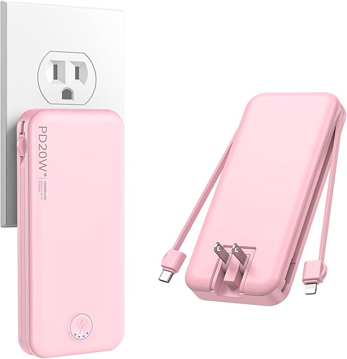 Nusyddy Portable Charger 10000mAh PD20W w/Built-in Cables & Wall Plug Pink | PD20W Fast Charging, Battery Indicator, Pass Through Charging, TSA Approved, Compact/Slim, Power Bank for iPhone/iPad/Samsung
