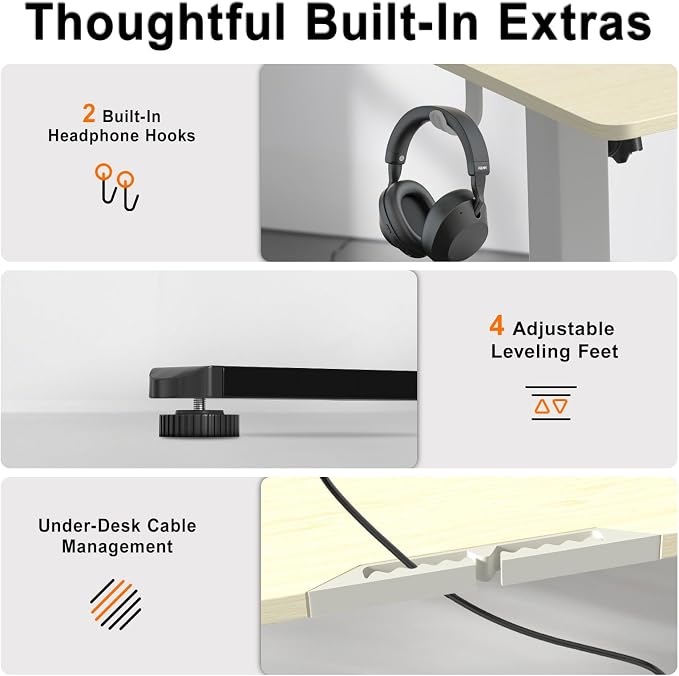 Height Adjustable Electric Desk, 63x24 Inches Stand up Desk with 3 Memory Presets & Child Lock, Quiet Motor, Industrial Steel Frame, Dual Hooks, for Ultimate Computer Workstation, Natural