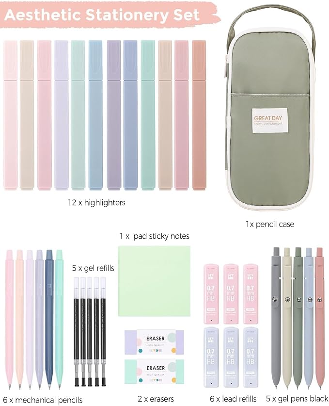 SKYDUE Aesthetic School Supplies Kit, 38 PCS Stationery Set with Large Pencil Case, Pens, Mechanical Pencil Set, Highlighters, Sticky Notes & Refills for Students, College & Back to School
