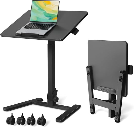 Gibbon Mounts Foldable Standing Desk，Small Mobile Sit-Stand Desk with 90 Tiltable Top，Rolling Rising Laptop Workstation Adjustable Height，Portable Table on Hidden Wheels/4 Lockable Casters，Black