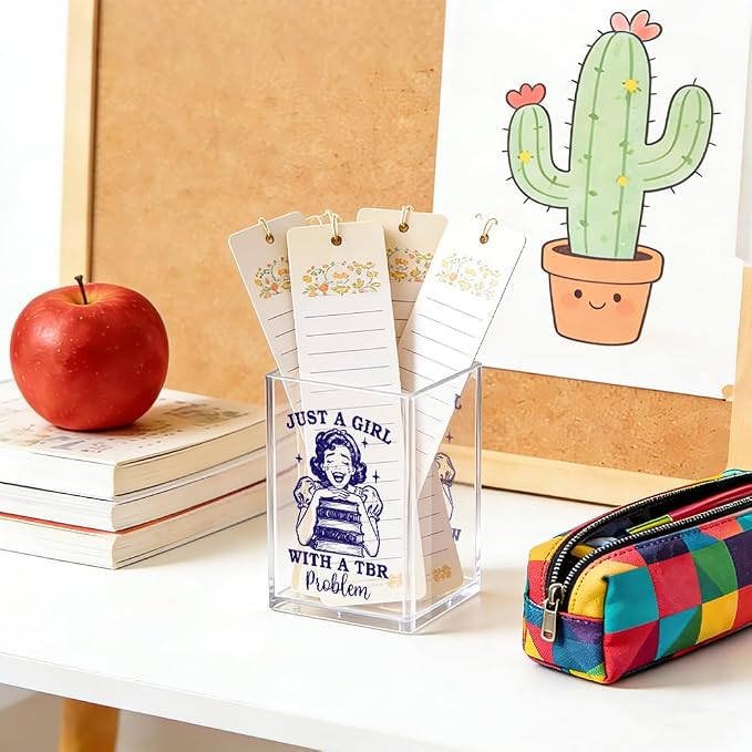 Just A Girl With A TBR Problem Acrylic Pencil Pen Holder Cup, Reading Book Club Makeup Brush Storage Organizer, Bookish Desk Accessories Holder Gifts for Daughter Librarian Teacher Holders