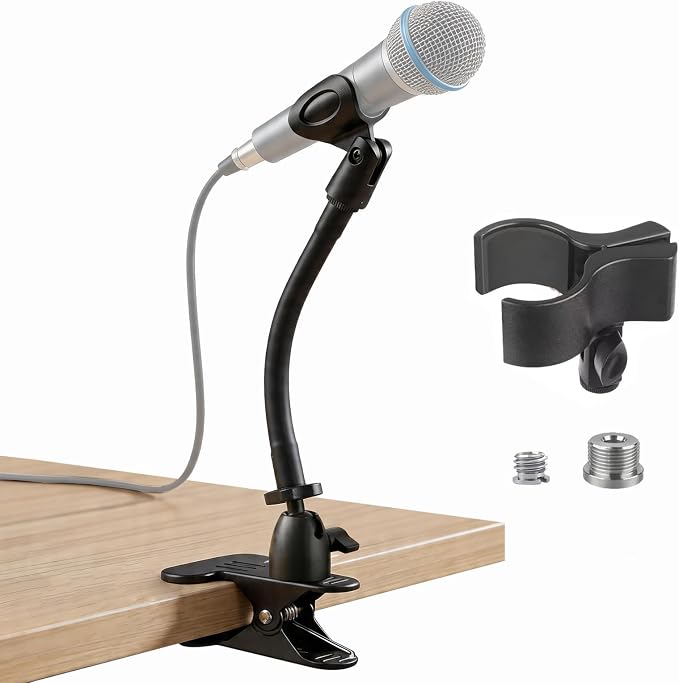 ROCKFREE Microphone Stand with 360° Rotating Base,Heavy-Duty Desk Clamp,8" Flexible Gooseneck Mic Mount,Includes 1/4" to 3/8" & 5/8" Metal Adapters for Shure,Fifine,HyperX,AT2020,Blue Snowball,Razer