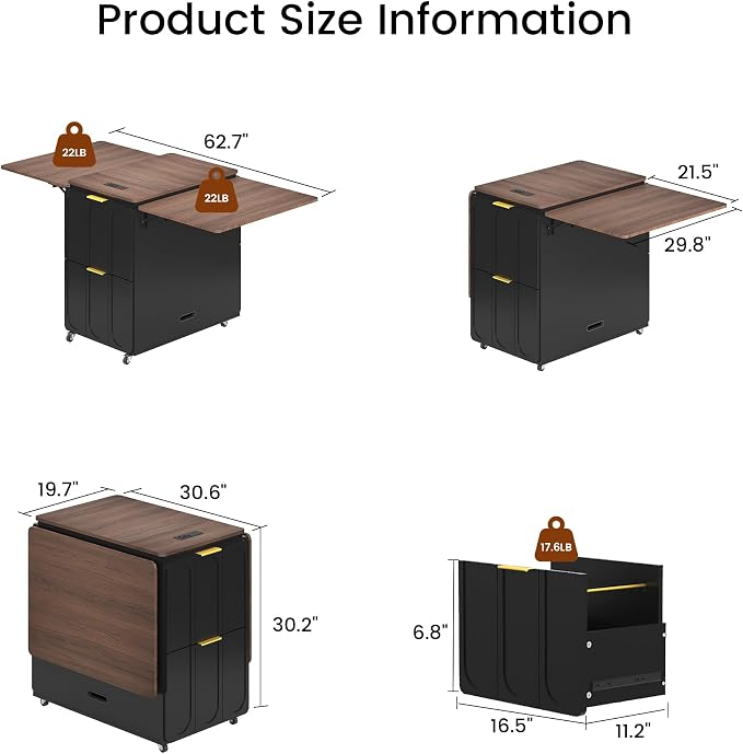 ModernMate 3-in-1 Folding Desk & File Cabinet, Fluted Multi-Storage Workspace with 4 Drawers, Lockable Wheels | Power Outlet | Fits A4/Letter Files, Space-Saving for Small Home Office, Black Walnut