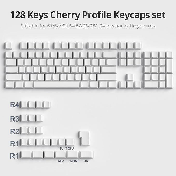 Guffercty kred Blank Keycaps Thick PBT Cherry Profile, 129 Keys Minimalist White Keycap Set with 7U Spacebar for Mechanical Keyboard(Blank White)