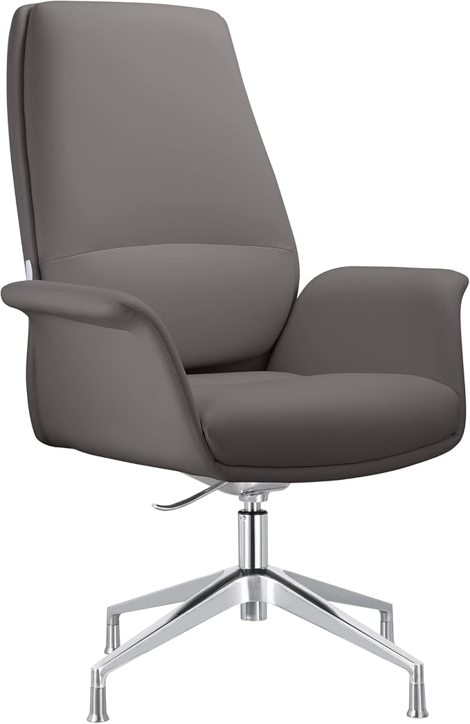 LeisureMod Mid-Century Modern Swivel Office Chair, Adjustable Height with Faux Leather Seat and Aluminum Frame (Grey, Set of 2)