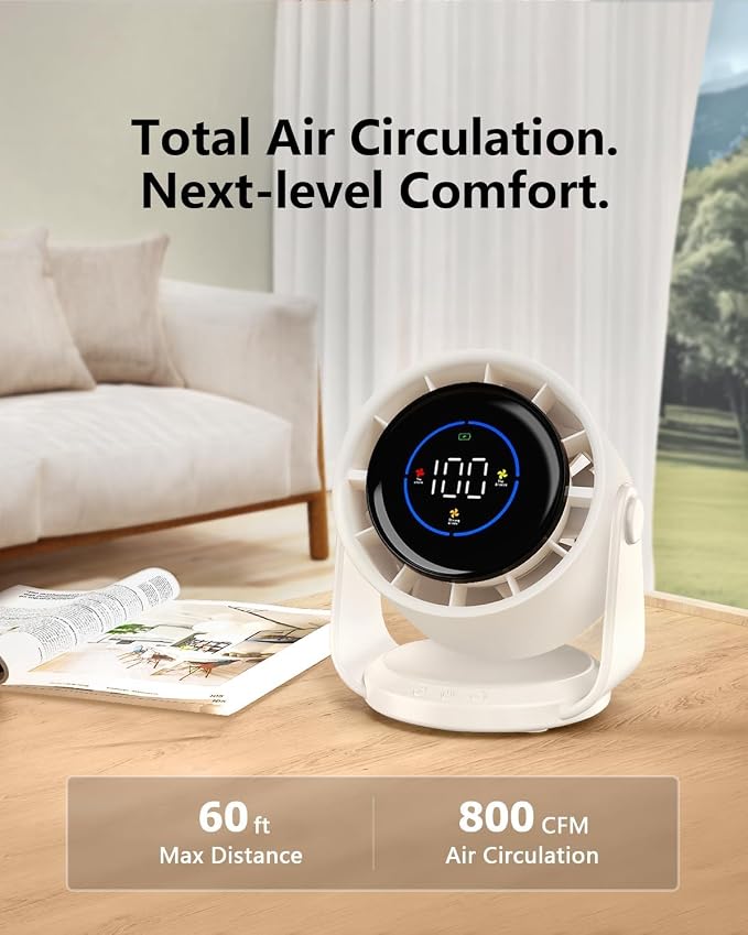 Desk Fans, Portable Turbo Fan Ultra Quiet Table Fan Digital Display Rechargeable USB 105°Tilt 100 Speeds Wall-Mounted Design Portable Fans for Home Office Kitchen Travel Camping