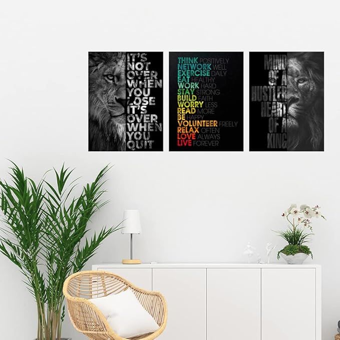 Halioyo 3 Piece Lion Wall Art - Motivational Wall Art, Inspirational Canvas Prints for Office Decor, Modern Lion Picture for Men, Leadership & Strength Pictures for Bedroom Living Room(12x16 inches)